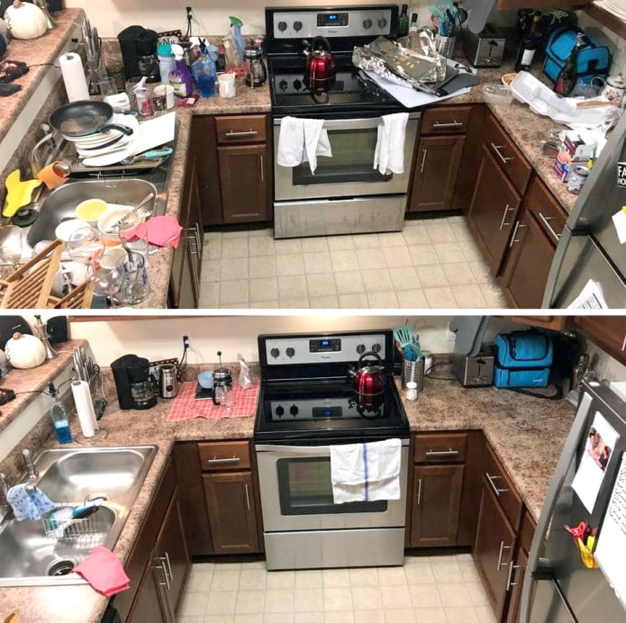 Cocina en forma de U antes y después de la limpieza.