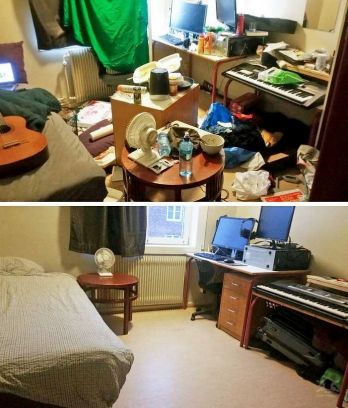 Habitación de adolescente antes y después de la limpieza.