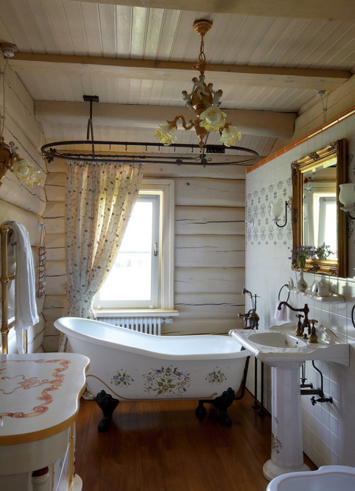 baño en una casa de bloques de madera