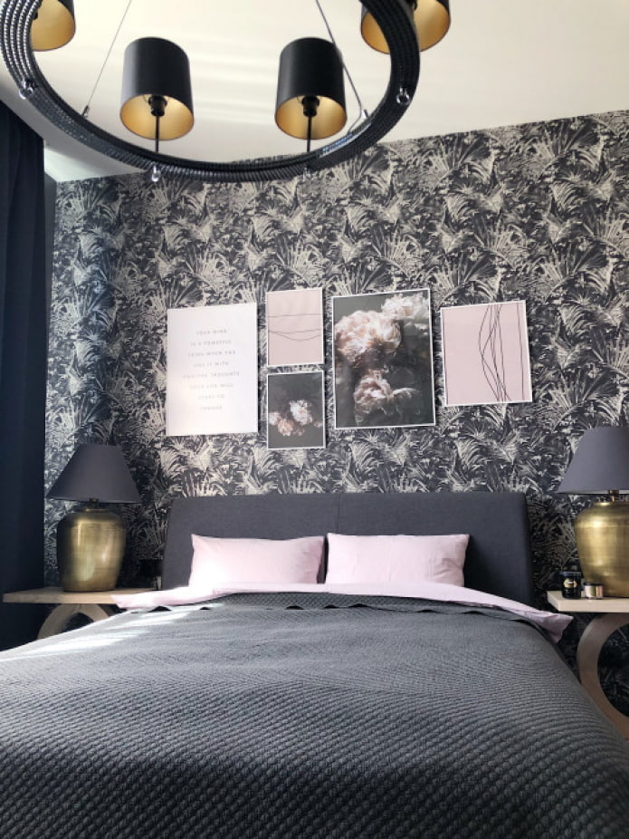 elegante dormitorio gris y rosa