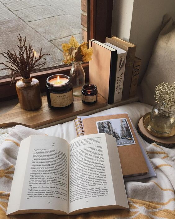 En el alféizar de la ventana con libros