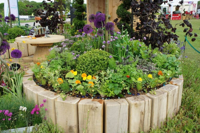 macizo de flores redondo con un borde de barras gruesas