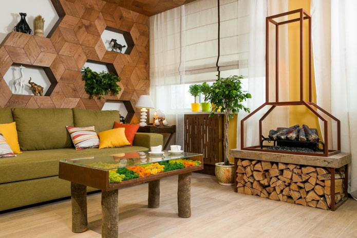 sala sa eco-style na may dilaw at orange na accent