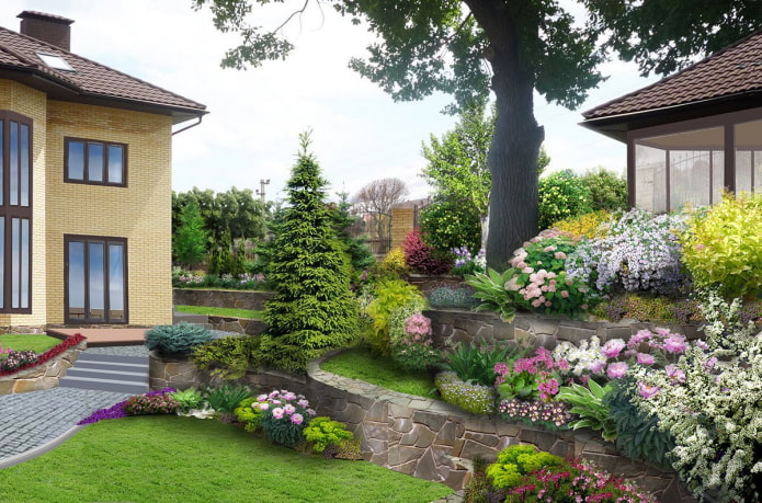 jardín de flores de varios niveles en una casa de campo