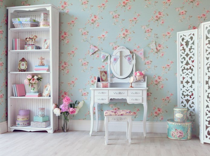 papel tapiz turquesa pálido con rosas al estilo de shabby chic