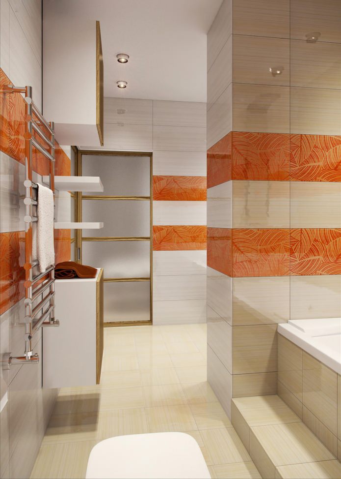 Baño blanco y naranja en el diseño de un apartamento de 58 metros cuadrados. metro.