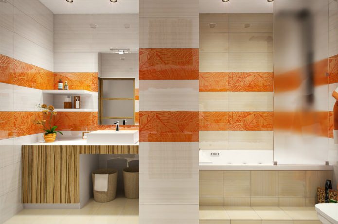 Baño blanco y naranja en el diseño de un apartamento de 58 metros cuadrados. metro.