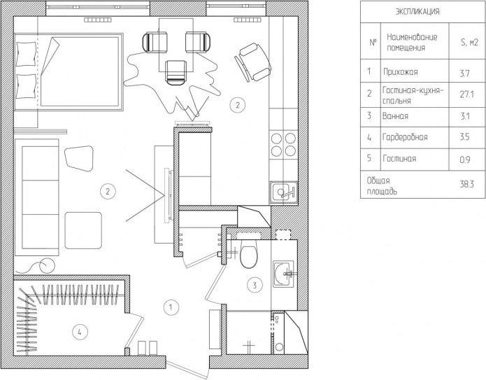 diseño interior de un apartamento de una habitación de 39 metros cuadrados. metro.