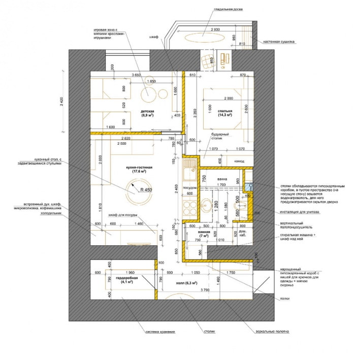 diseño de un apartamento de 3 habitaciones