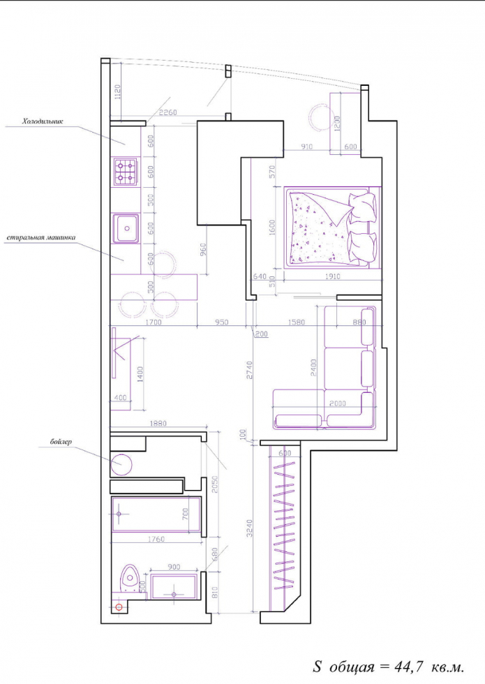 diseño de un apartamento de una habitación de 45 metros cuadrados. metro.