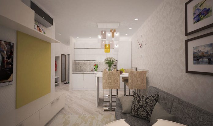 cocina-sala de estar en el diseño de un apartamento de dos habitaciones de 44 metros cuadrados. metro.