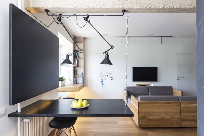 cocina-sala de estar en el diseño de un apartamento de tres habitaciones de 80 metros cuadrados. metro.