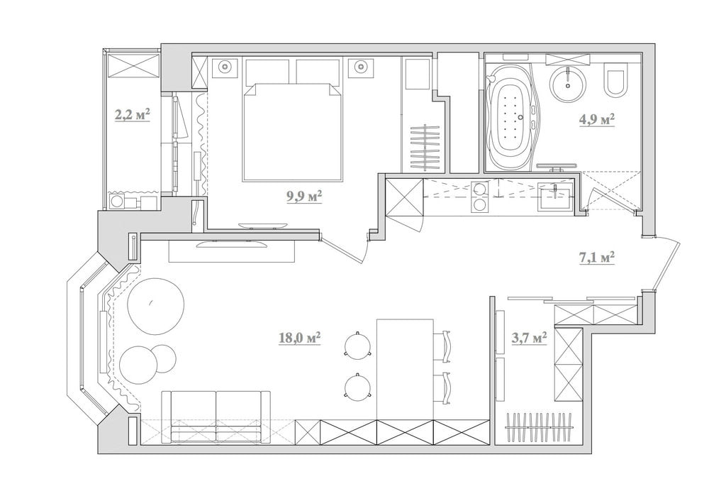 diseño de un apartamento de dos habitaciones de 43 metros cuadrados. metro.