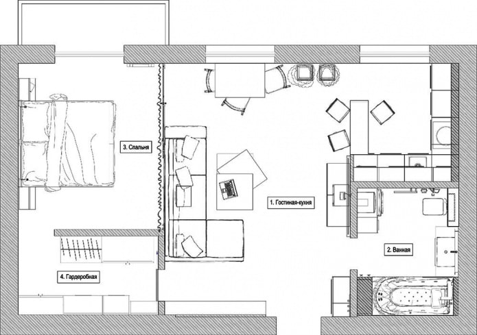 diseño de un apartamento tipo estudio de 47 metros cuadrados. metro.