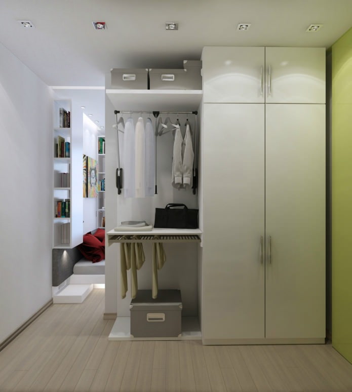 dressing room sa panloob na disenyo ng isang studio apartment na 47 sq. m