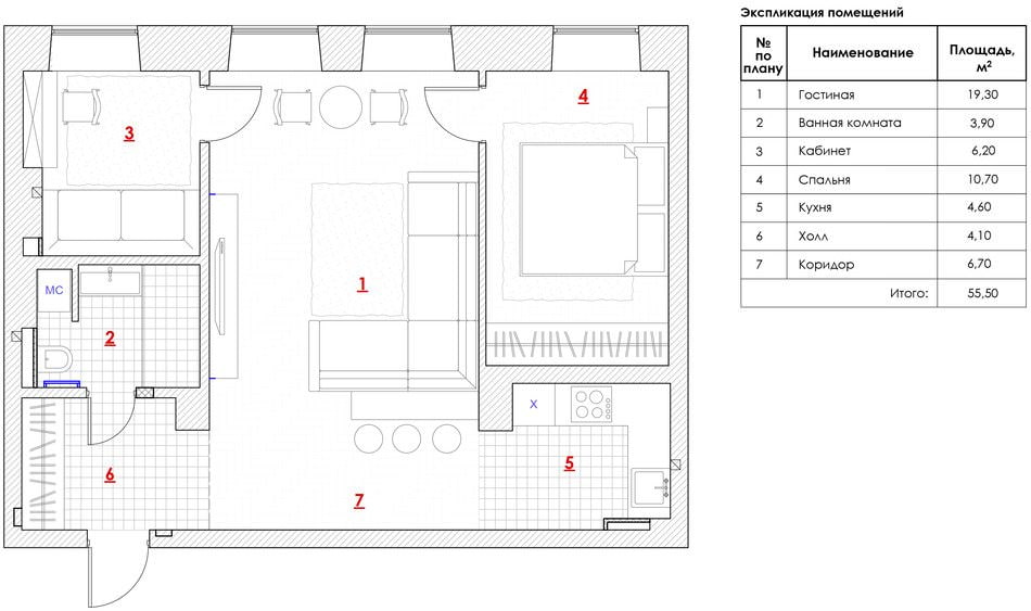 Diseño de apartamento de 56 m2. metro.