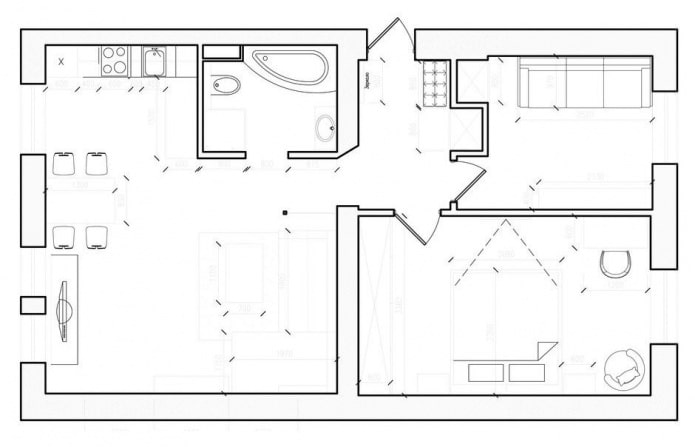 Distribución en el proyecto de diseño de un apartamento de 3 habitaciones.