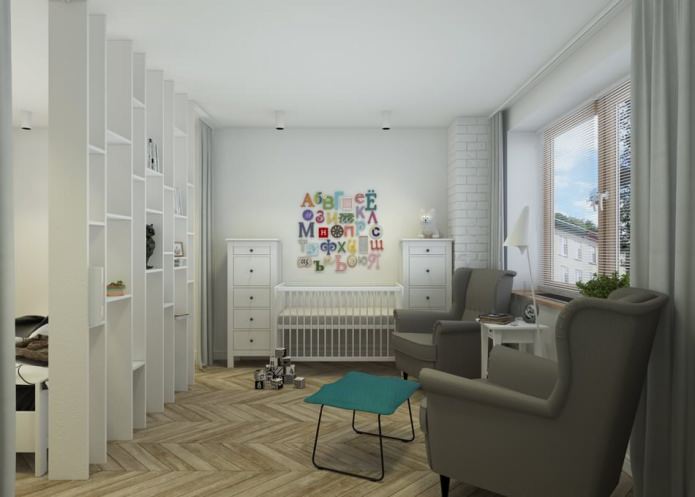 dormitorio con una guardería en el diseño de un apartamento de 65 metros cuadrados. metro.