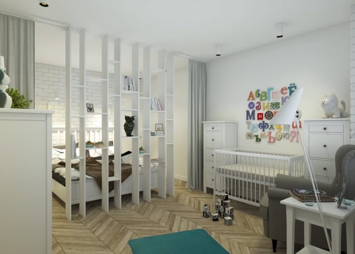 dormitorio con una guardería en el diseño de un apartamento de 65 metros cuadrados. metro.