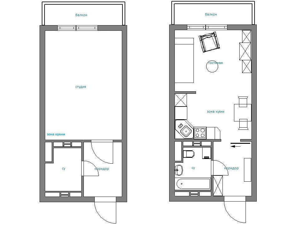 diseño del diseño de un apartamento tipo estudio de 28 metros cuadrados. metro.