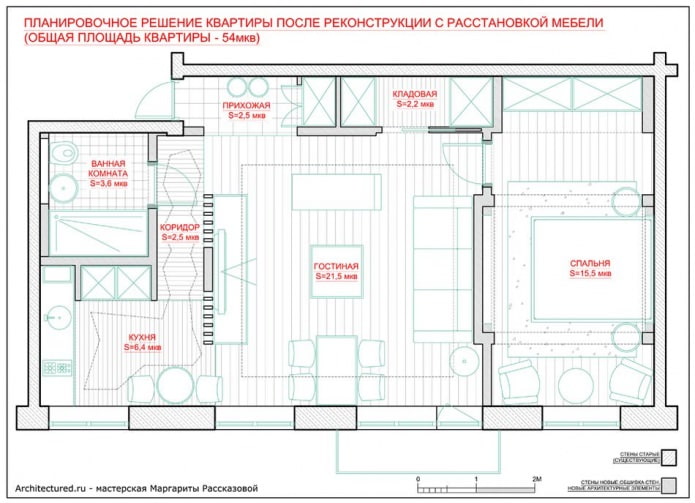 Ang layout ng apartment ay 54 sq. m