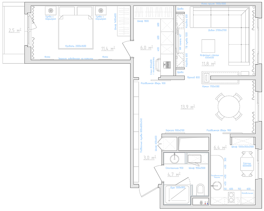 diseño de un apartamento de 3 habitaciones de 57 metros cuadrados. metro.