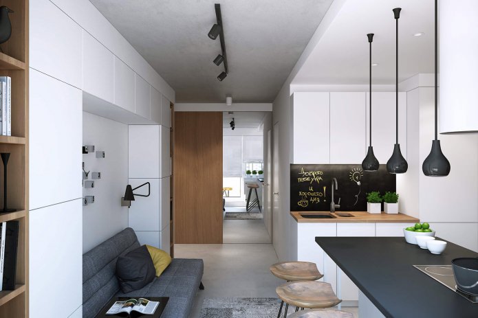 Diseño moderno de un apartamento de una habitación de 43 metros cuadrados. m. del estudio Geometrium