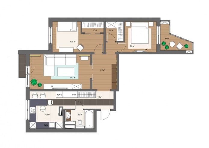 Diseño moderno de un apartamento de 3 habitaciones en una casa de la serie P-3.