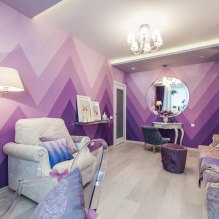 Ang lilac wallpaper sa loob: mga uri, disenyo, pagpipilian ng estilo at mga kurtina, mga kumbinasyon, 55 mga larawan-2