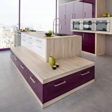 Conjunto morado en la cocina: diseño, combinaciones, elección de estilo, papel tapiz y cortinas-14