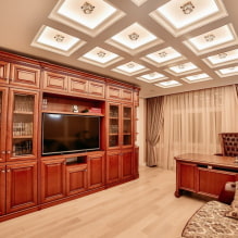 Coffered ceiling: mga uri (kahoy, plasterboard, polyurethane), hugis, disenyo, kulay, ilaw-7