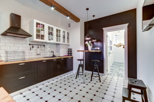 Azulejos para la cocina en el piso: diseño, tipos, colores, opciones de diseño, formas, estilos.