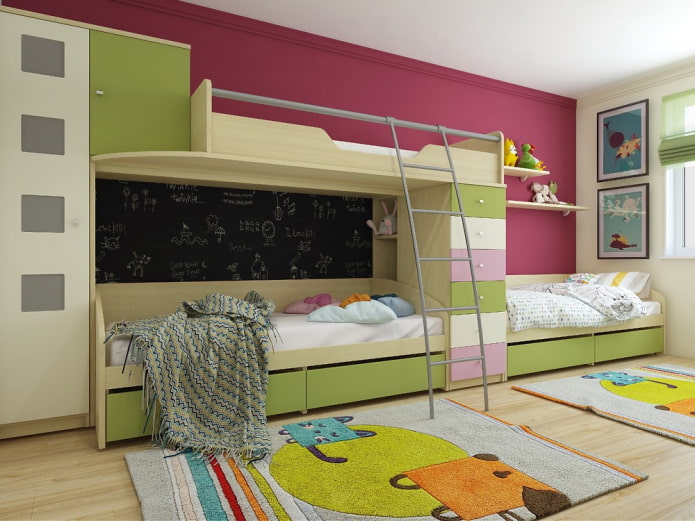 Habitación infantil para tres niños: zonificación, asesoramiento sobre la disposición, elección de muebles, iluminación y decoración.