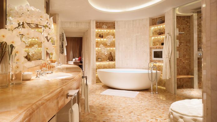 Diseño de interiores de baño en color dorado.